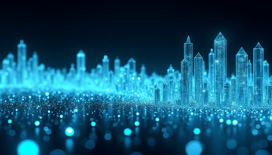Illustration of a transparent digital stream of data being filtered and organized by glowing light particles